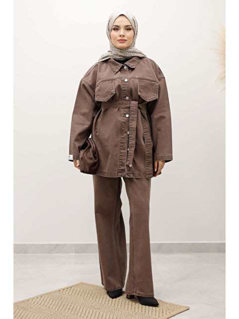 Tesettür Dünyası Kemerli Denim Takım TSD250231 Sütlü Kahve - S000527092-4280