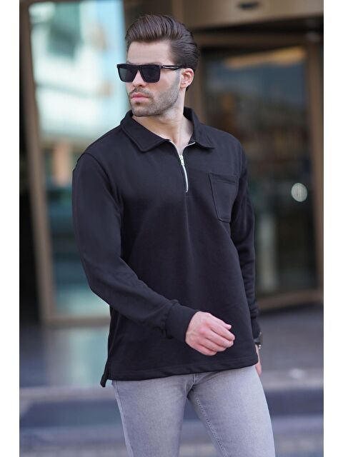 Madmext Siyah Polo Yaka Fermuarlı Uzun Kollu Erkek Sweatshirt 7057 - S000253965-19351