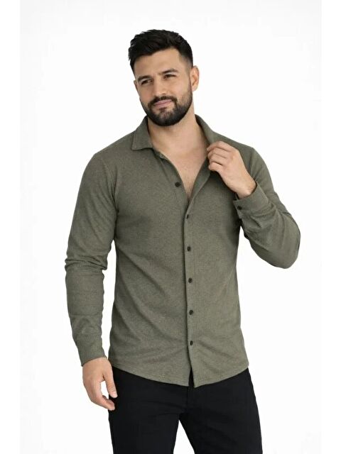 Jane's Erkek Waffle Kumaş Uzun Kollu Düğmeli Açık Yaka Regular Fit Gömlek - Haki