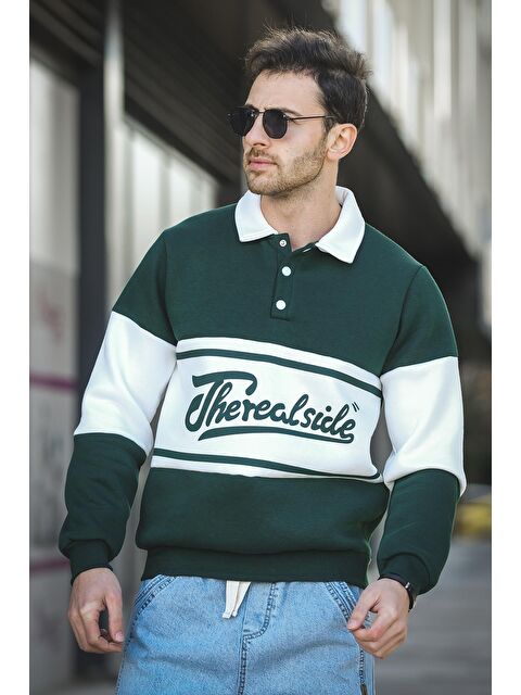 Oksit Real Side Baskılı Üç İplik Şardonlu Slim Fit Polo Yaka Erkek Sweatshirt - S000316010-18194