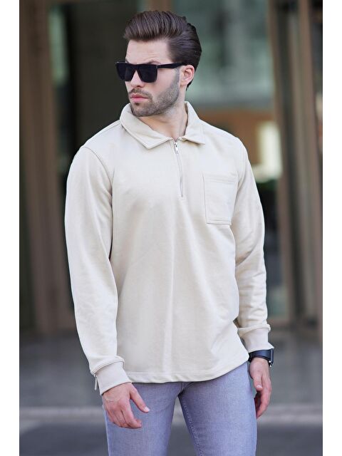 Madmext Bej Polo Yaka Fermuarlı Uzun Kollu Erkek Sweatshirt 7057 - S000253965-19965