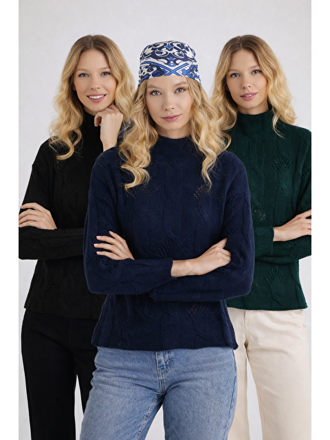 TUDORS Kadın 3'Lü Paket Siyah-Lacivert-Yeşil Regular Fit Klasik Kesim Yarım Balıkçı Yaka Örgü Desenli Kazak - S000522798-23173