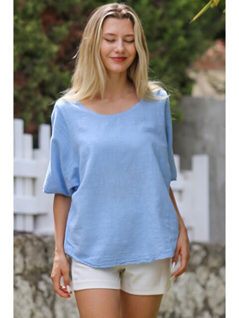 Chiccy Bebek Mavisi Havuz Yaka Kısa Kol Yıkamalı Dokuma Casual Bluz - S000468827-3642