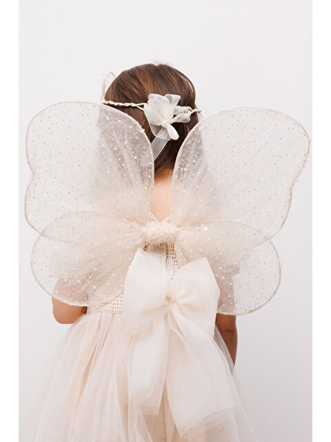 Le Mabelle Ekru Pullu Boncuklu 3'lü Kelebek Kanat Asa Taç Set - S000424974-19965