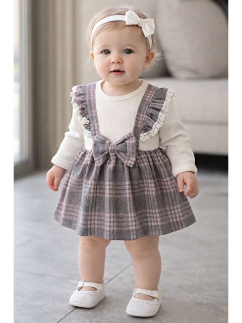 Chicsy Baby Tatlı Kız Bebek Ekose Jile Tarz Elbise Fiyonk Detaylı Fitilli B