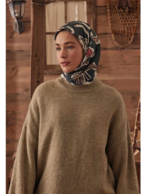 Fresh Scarfs Aspen Desen Pamuk İpek Eşarp Koyu Grı - S000423147-29351