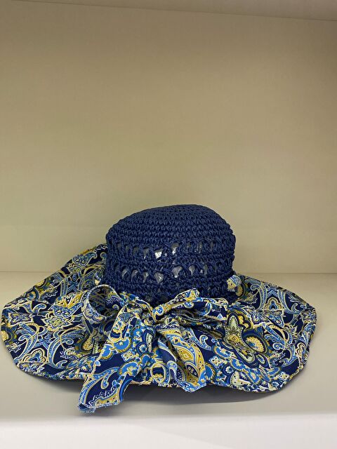 Luminos Butik Lacivert El Örgüsü Ve Etnik Desenli Bağlamalı Geniş Hasır Şapka HSR2109 - S000379352-19459