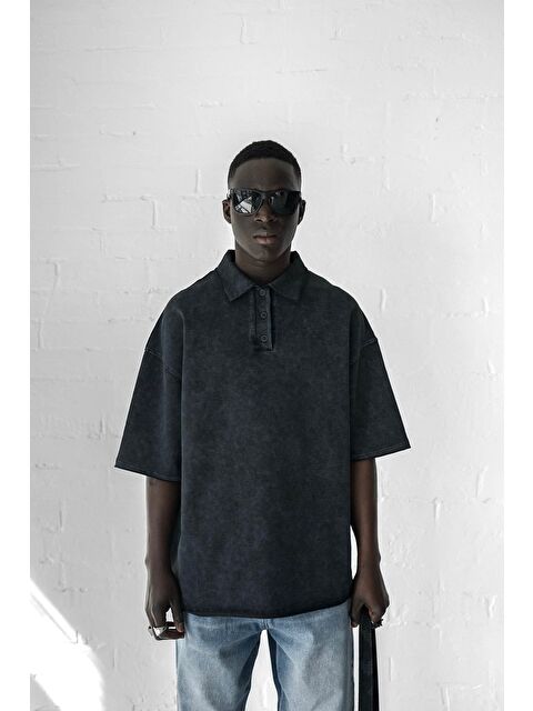 Abluka Online Erkek Oversize Polo Yaka Yıkamalı Tişört Siyah - S000365673-19351