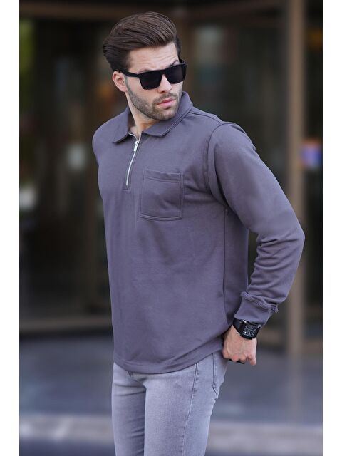 Madmext Füme Polo Yaka Fermuarlı Uzun Kollu Erkek Sweatshirt 7057 - S000253965-33408