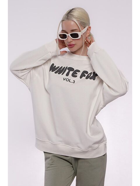 Madmext Ekru Bisiklet Yaka Baskılı Sweatshirt Mg1904 - S000046915-19965