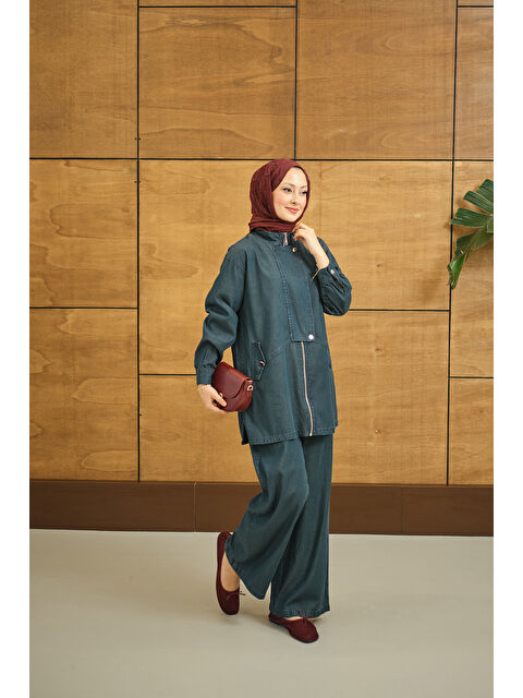 Locco Moda Kadın Düğme Detay Gizli Fermuarlı Takım Lacivert