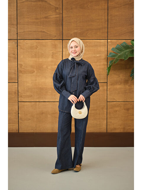 Locco Moda Kadın Kol Büzgülü Düğme Detay Yaka Bağlamalı Jean Pantolonlu Takım Lacivert - S000530211-21164