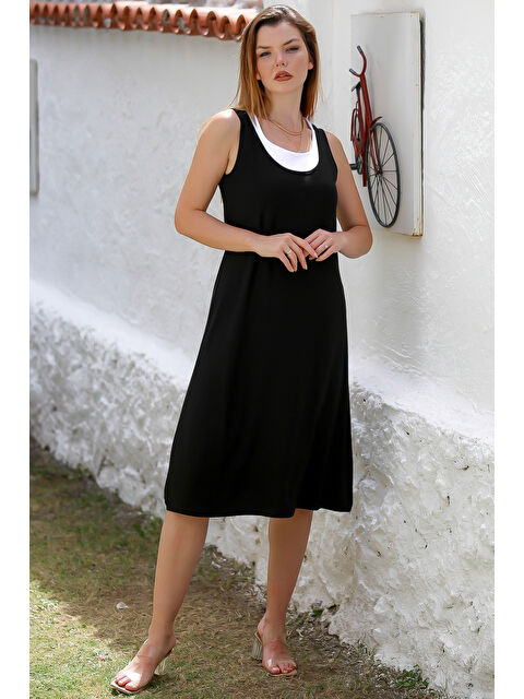 Chiccy Siyah Yuvarlak Yaka Kolsuz Örme Garnili Örme Casual Elbise