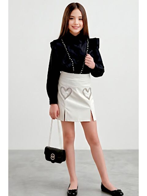 Riccotarz Kız Çocuk Kristal Taşlı Kalp Figürlü Beyaz Etekli Takım - S000521234-20063