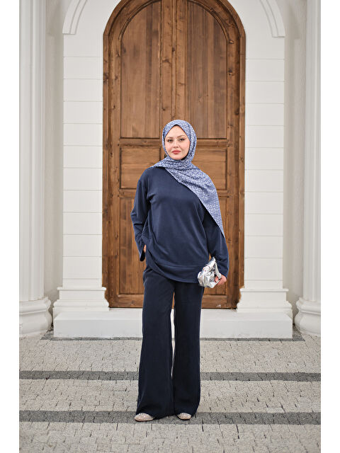 Locco Moda Kadın Önü Çima Detay Bisiklet Yaka Takım İndigo Mavi - S000530212-23093