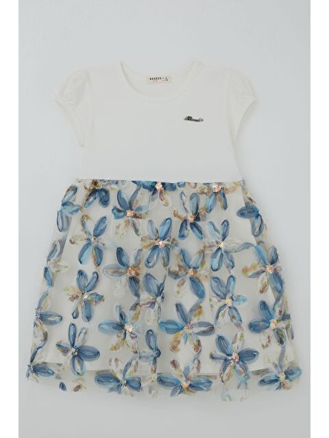 Breeze Kız Çocuk Elbise 3D Papatya Çiçek Aplikeli Pul Detaylı Ekru (4-9 Yaş)