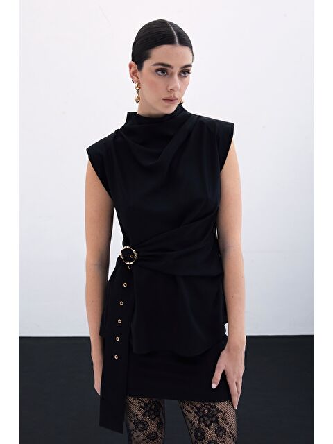 SATEEN Kemerli Kolsuz Bluz - Siyah - S000384917-19351
