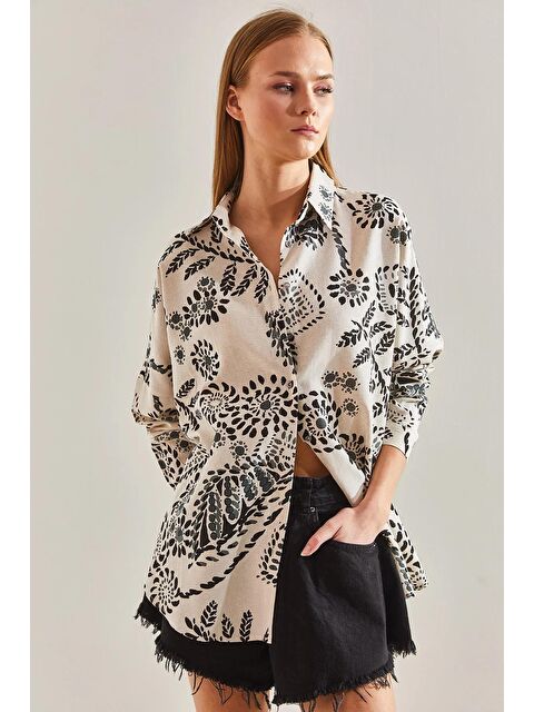SHADE Kadın Büyük Yaprak Desenli Salaş Keten Gömlek 60101021 - S000156917-37216