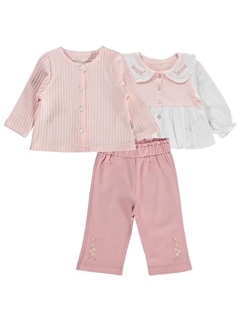 Kumru Lüks Yakası Nakışlı Hırkalı 3 Lü 6-18 Ay Takım - Pudra 9-12 Ay - S000512243-7152