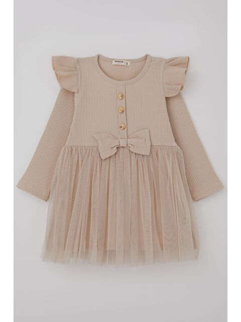 Breeze Kız Çocuk Uzun Kollu Elbise Omzu Fırfır Detaylı Fiyonklu Bej (3-8 Yaş) - S000527098-19928