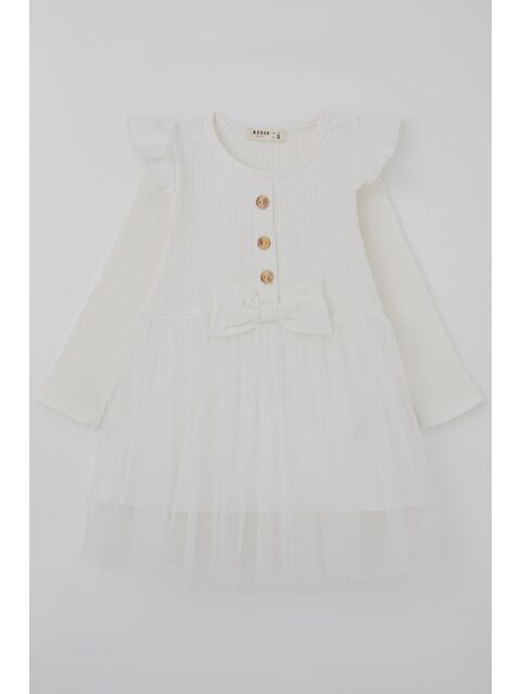 Breeze Kız Çocuk Uzun Kollu Elbise Omzu Fırfır Detaylı Fiyonklu Ekru (3-8 Yaş) - S000527098-19965