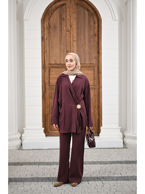 Locco Moda Kadın Yandan Bağlamalı Broş Detay Takım Bordo - S000530215-19951