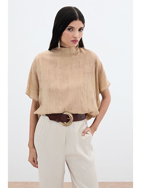 SATEEN Desenli Salaş Bluz - Camel - S000384918-4557