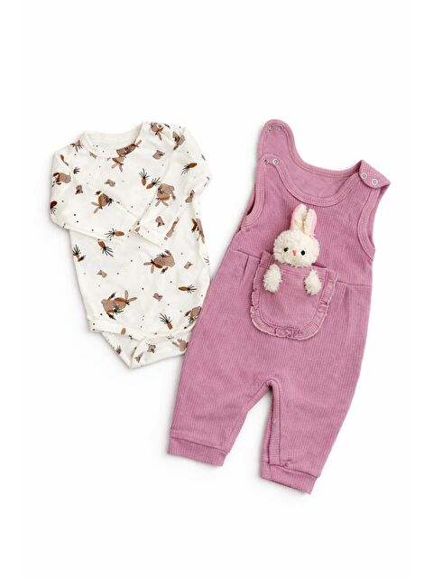 Verona Tarz Kız Bebek 2li Salopet Takımı Oyuncaklı Tulum 2 Parça Yenidoğan Kıyafeti Pamuklu - S000529920-20028