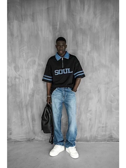 Abluka Online Erkek Denim Polo Yaka Yarım Fermuarlı Oversize Tişört Siyah - S000365675-19351