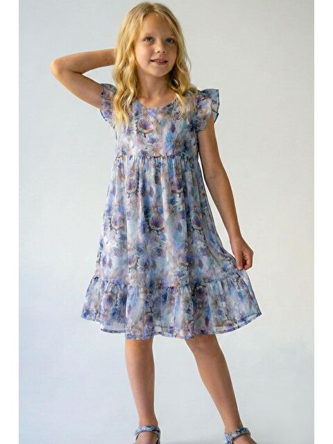 Breeze Kız Çocuk Saten Elbise Çiçek Desenli Arma Detaylı Arkası Fermuarlı Karışık Renk (4-9 Yaş)