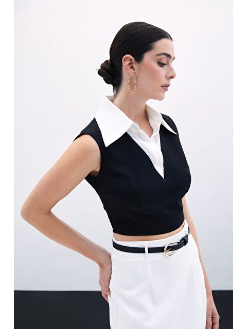 SATEEN Gömlek Yaka Kısa Bluz - Siyah - S000384922-19351