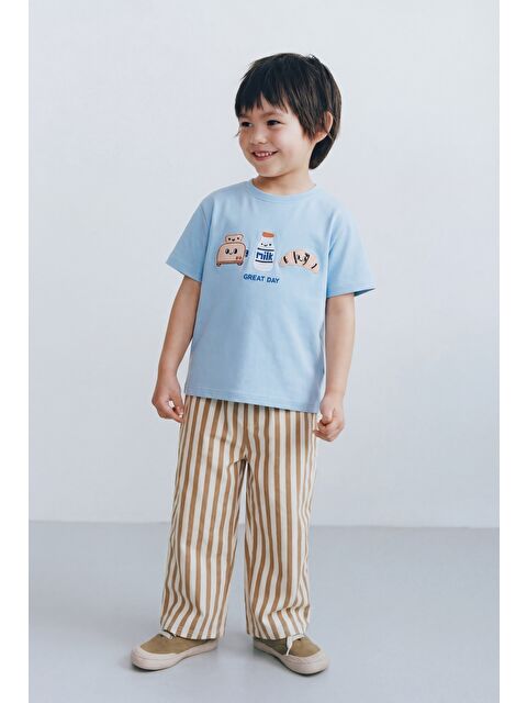 Magu Erkek Çocuk Pamuklu Mavi Baskılı Tişört Çizgili Kapri Eşofman Takım - Bej Kahve