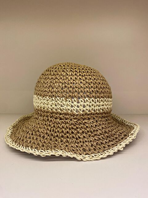 Luminos Butik Camel El Örgüsü Hasır Plaj Şapkası - Geniş Kenarlı Yazlık Renk Detaylı Güneş Koruma Şapkası HSR2099 - S000367504-4557