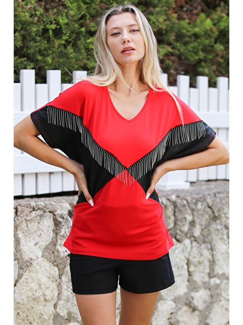 Chiccy Kırmızı V Yaka Düşük Kol Örme Garnili Zincirli Örme Casual Bluz - S000468841-20045