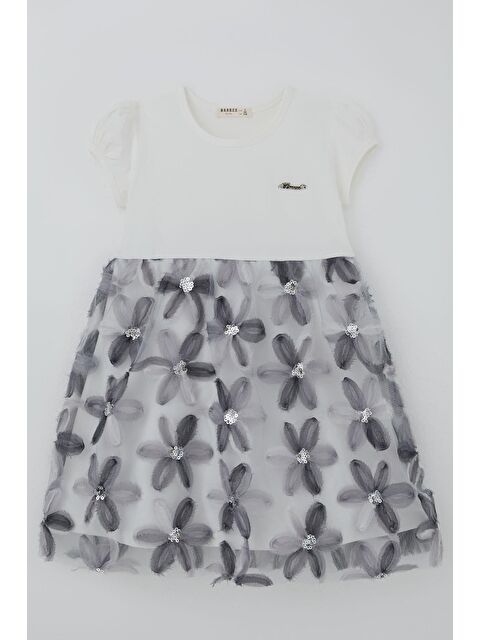 Breeze Kız Çocuk Elbise 3D Papatya Çiçek Aplikeli Pul Detaylı Ekru (4-9 Yaş)