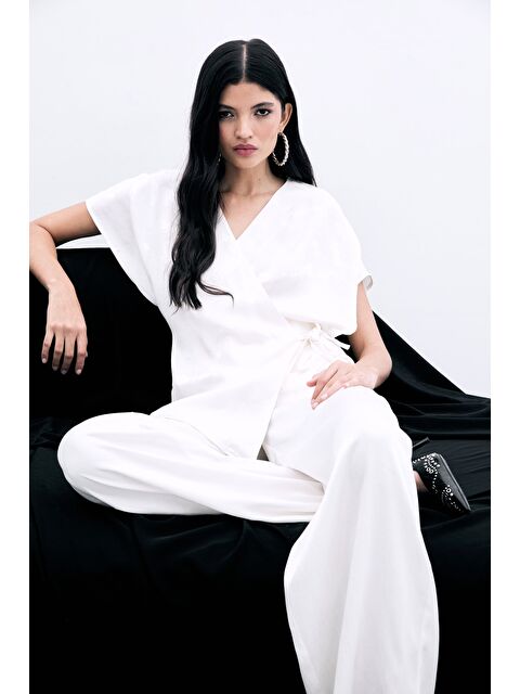 SATEEN Bağlamalı Jakarlı Saten Bluz - Ekru - S000380058-19965