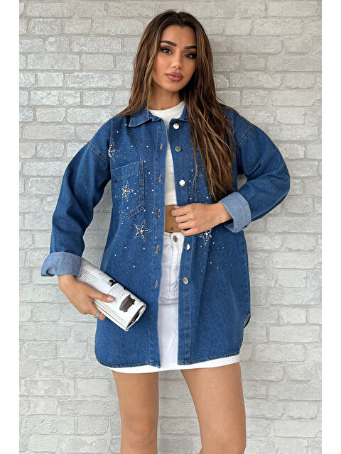 Gülseli Çift Cepli Taşlı Jean Ceket - S000289808-21164