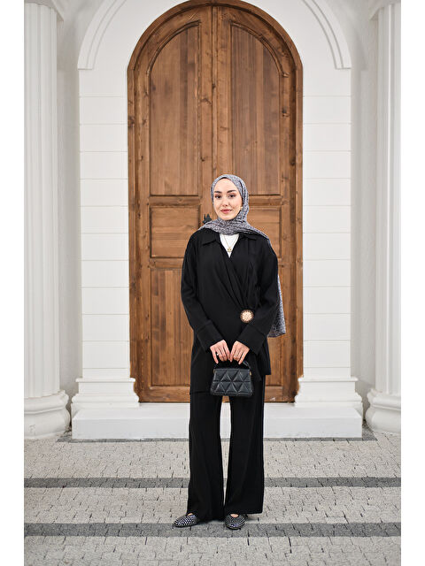 Locco Moda Kadın Yandan Bağlamalı Broş Detay Takım Siyah - S000530215-19351
