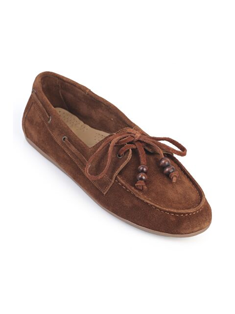 Capone Outfitters Vicki Hakiki Deri Süet Bağcıklı Boncuklu Konfor Kadın Loafer Tekne Ayakkabısı
