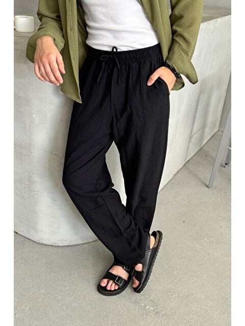 HYMAN Erkek Beli Lastikli Baggy Kalıp Keten Pantolon - S000515553-19351