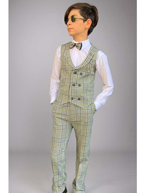 Riccotarz Erkek Çocuk Kare Desen ve Şal Yaka Yelekli Yeşil Takım Elbise - S000473451-18194