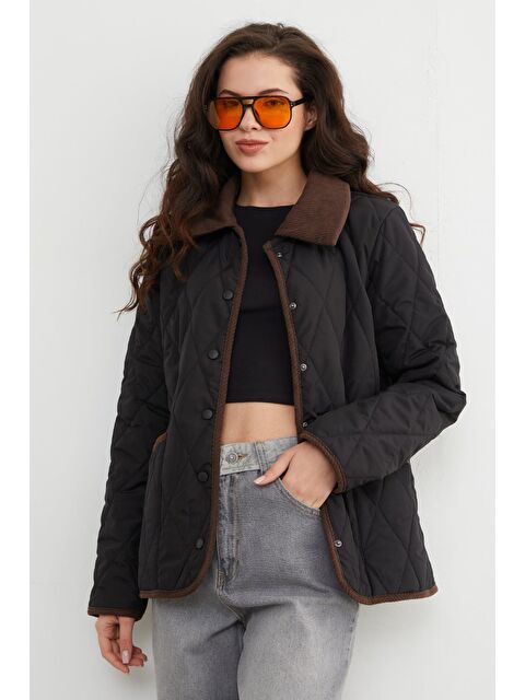 Fullamoda Kadife Detaylı Polo Yaka Kapitone Mont - S000482012-19351