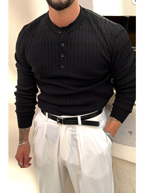 Tarz Cool Erkek Hakim Yaka Düğme İşlemeli Triko Kazak - S000289330-19351