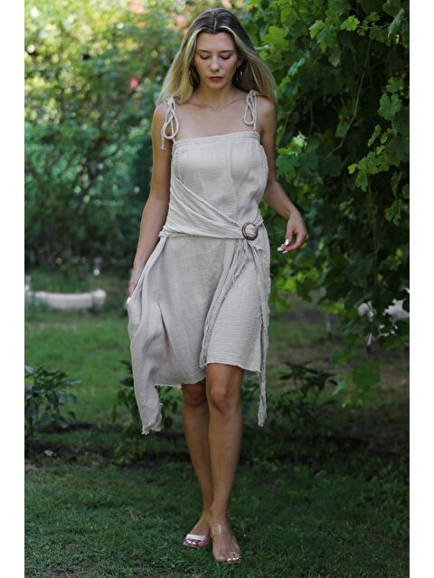 Chiccy Bej Askılı Yıkamalı Tokalı Dokuma Asimetrik Casual Pamuk Elbise - S000359009-19928