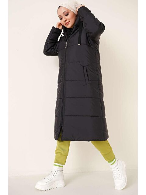 Bigdart T5120 Kapüşonlu Uzun Şişme Tesettür Mont - Siyah - S000089595-19351