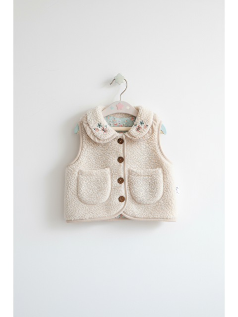 Magu Kız Çocuk Krem Pelüş Cepli Düğmeli Yelek – Nakışlı Yaka Detaylı - S000440430-19966