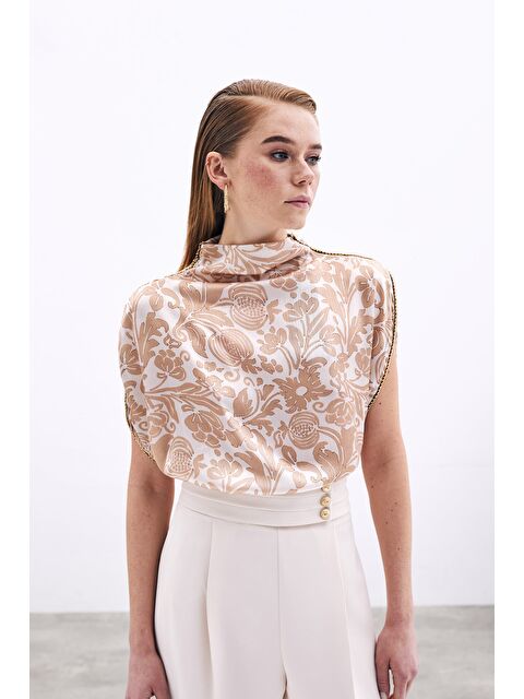 SATEEN Aksesuarlı Yarasa Kol Bluz - Bej - S000384919-19928