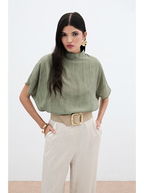 SATEEN Desenli Salaş Bluz - Haki - S000384918-18547