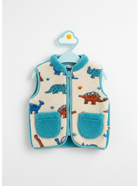 Magu Erkek Çocuk Krem Pelüş Dinozor Desenli Fermuarlı Yelek – Cepli - S000440432-23173