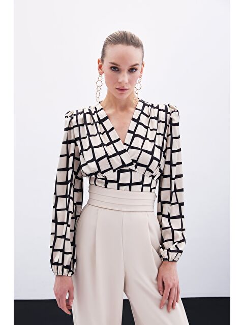 SATEEN Desenli Crop Bluz - Bej - S000384923-19928